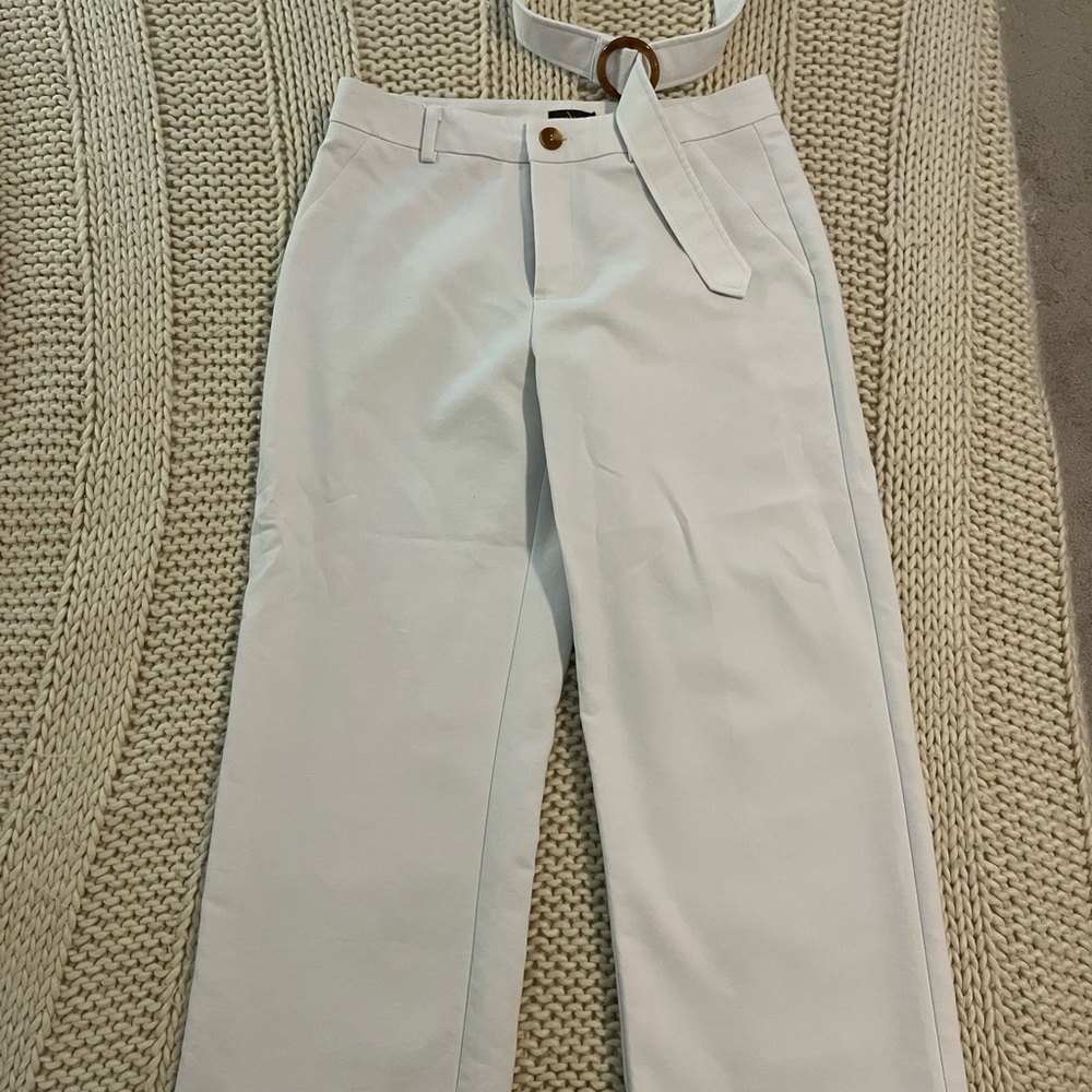 White capri Wide-Leg Pants with Belt